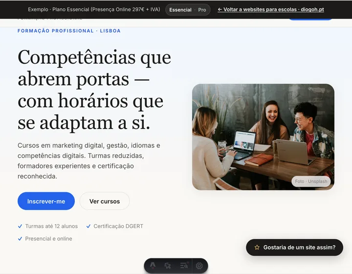 Pré-visualização do website Escolas e formação