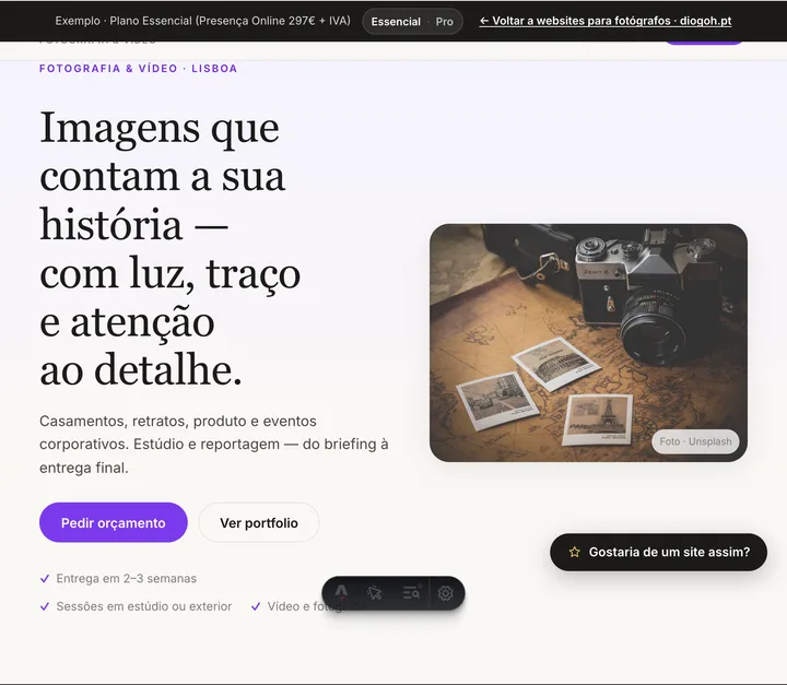 Pré-visualização do website Fotógrafos e vídeo