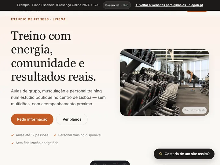 Pré-visualização do website Ginásios