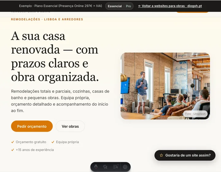 Pré-visualização do website Obras e remodelações