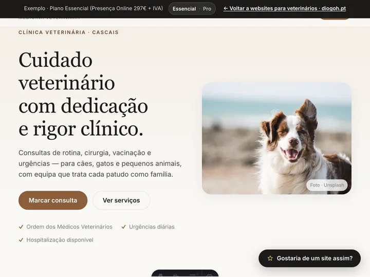 Pré-visualização do website Veterinários