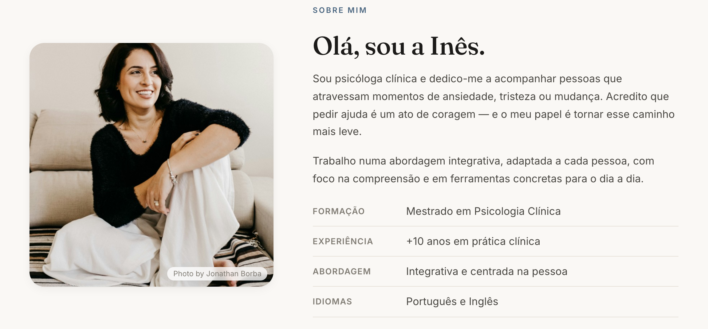 Secção Sobre Mim do website de exemplo