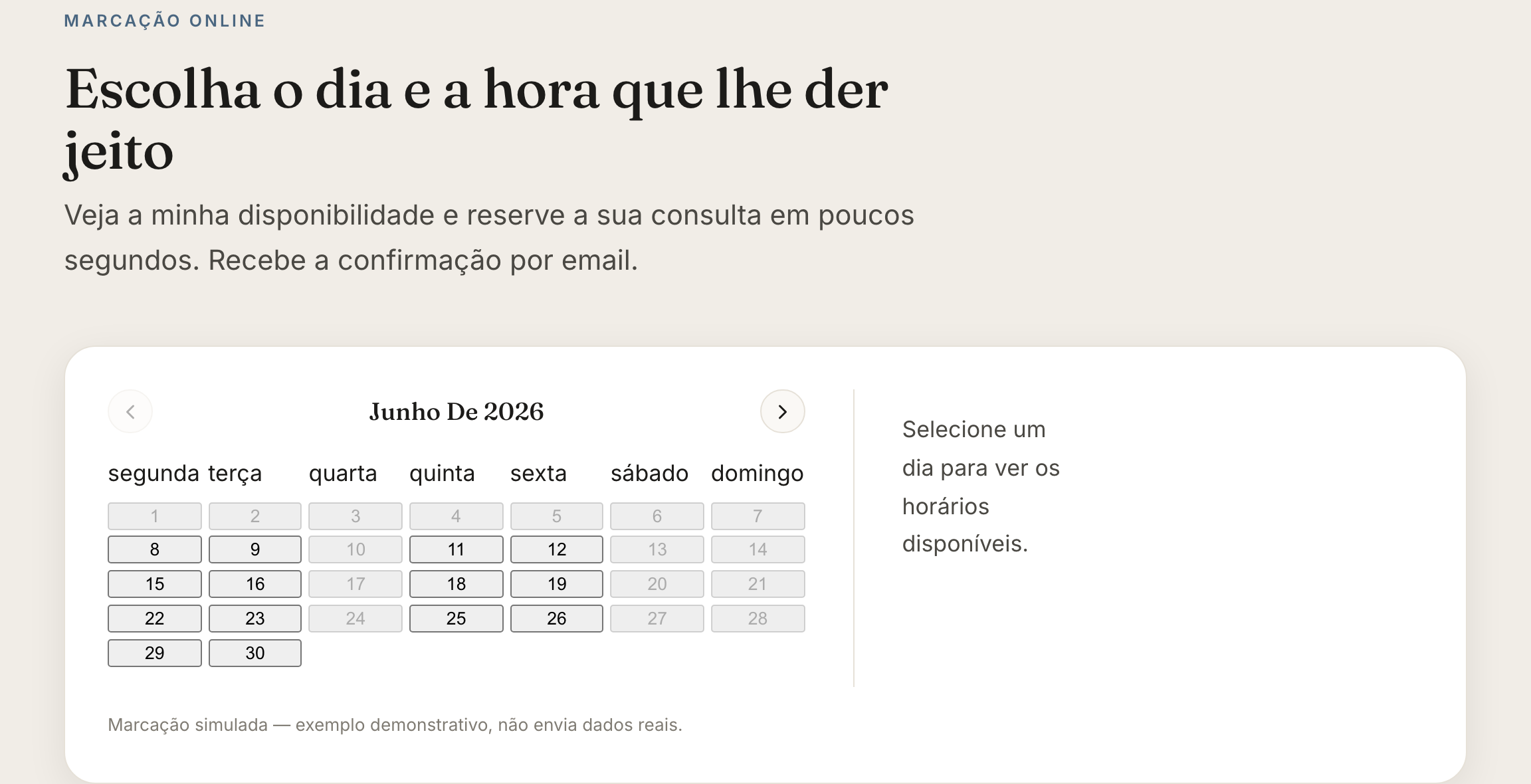 Calendário de marcação online no website de exemplo